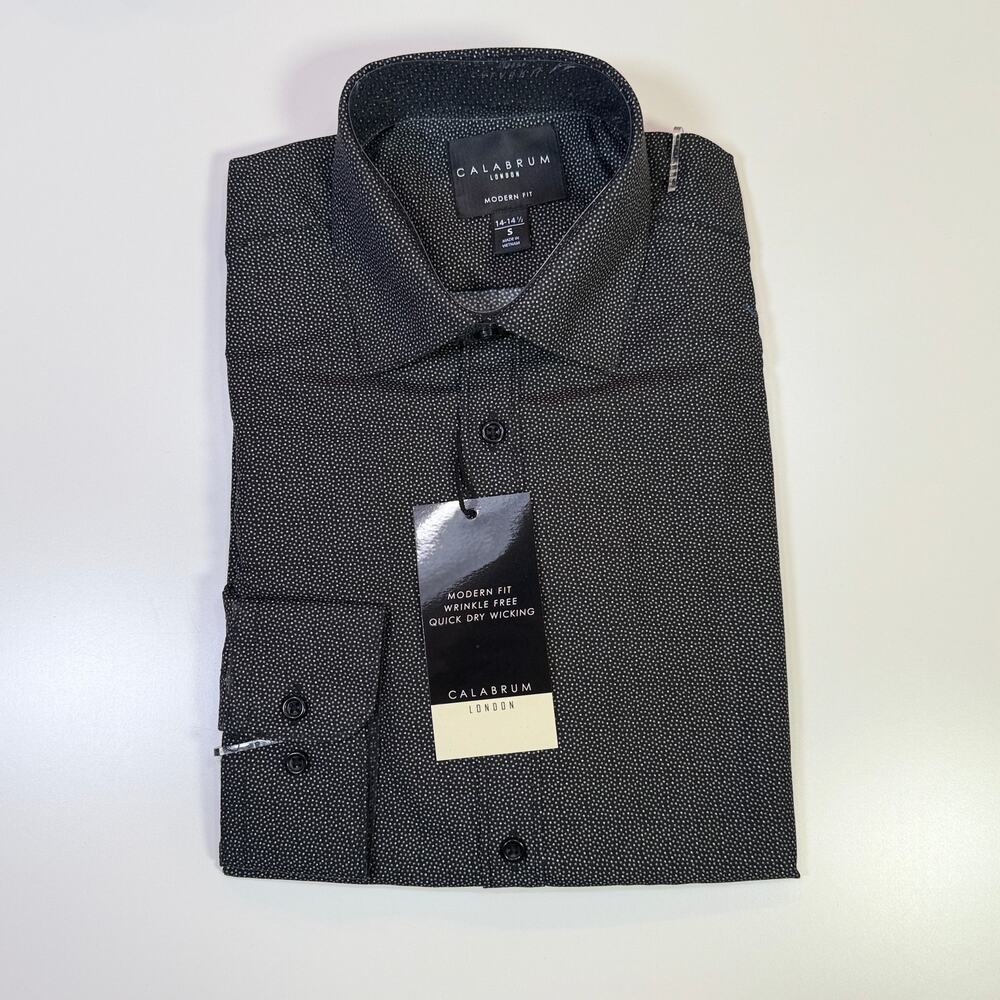 Calabrum Men's Regular Fit Dot  Wrinkle Free Dress Shirt Black S 14-14.5 32/33